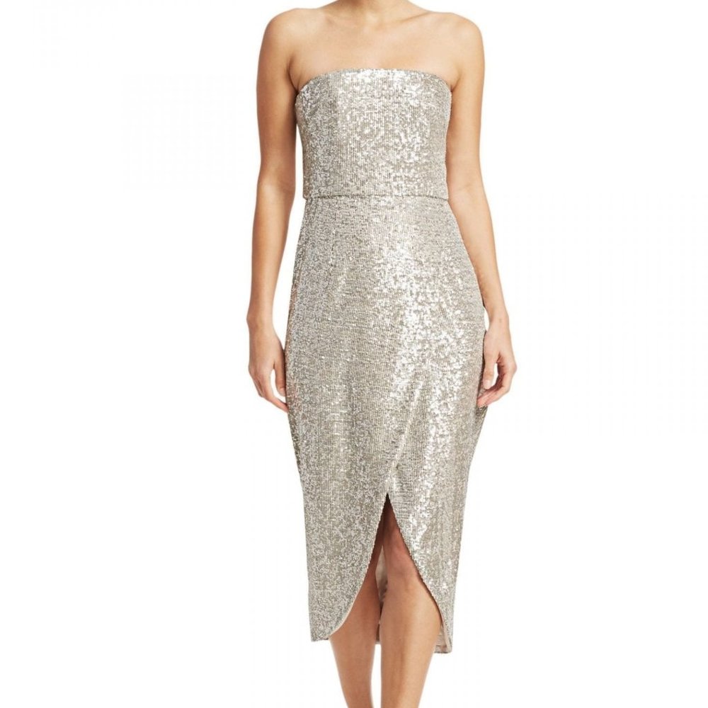 SALE 💕 Monique Lhuillier Strapless Sequin Midi Silver Dress, LIKE NEW!